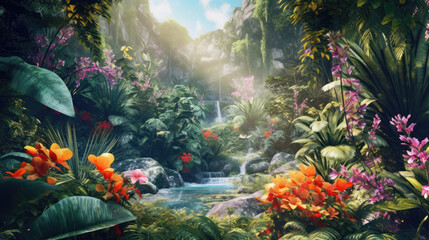 Illustration of tropical jungle landscape with fresh vivid plants, leaves and flowers. Beautiful forest. Summer botanical garden on sunny day. Generative AI.