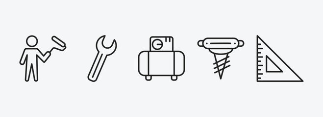 construction outline icons set. construction icons such as man painting, spanner, air compressor, pickaxes drilling, angle ruler vector. can be used web and mobile.