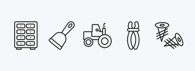 construction outline icons set. construction icons such as big clo, scraper, steamroller, inclined clippers, two screws vector. can be used web and mobile.