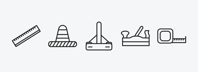 construction tools outline icons set. construction tools icons such as school ruler, traffic cone, bump cutter, jack plane, open scale vector. can be used web and mobile.