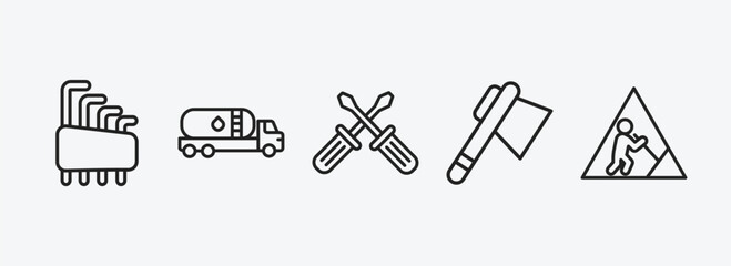 construction outline icons set. construction icons such as hex key, tank truck, screwdrivers, inclined ax, working vector. can be used web and mobile.