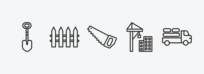 construction outline icons set. construction icons such as interior de, garden fence, big saw, constructions, truck with load vector. can be used web and mobile.