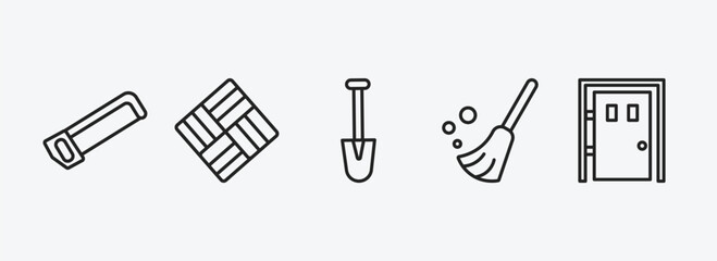 construction outline icons set. construction icons such as hacksaw, paver, short shovel, sweeping broom, big door vector. can be used web and mobile.
