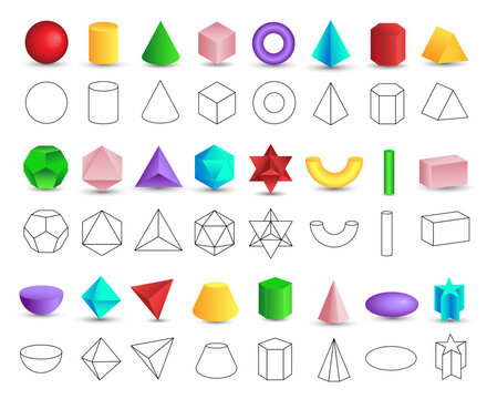 Set of vector realistic 3D colorful geometric shapes isolated on white background. Mathematics of geometric shapes, linear objects, contours. Platonic solid. Icons, logos for education, design