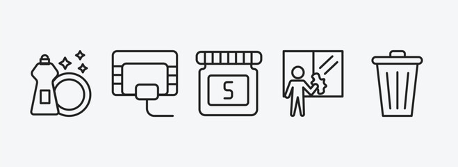 cleaning outline icons set. cleaning icons such as dish soap, compress cleanin, solvent, window cleaner, bin vector. can be used web and mobile.
