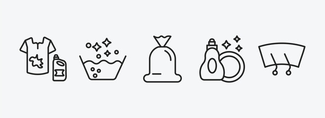 cleaning outline icons set. cleaning icons such as stain remover, soak, trash bag, dishwashing detergent, wiper vector. can be used web and mobile. - obrazy, fototapety, plakaty