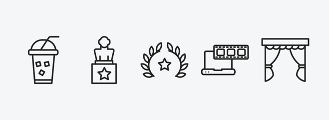 cinema outline icons set. cinema icons such as take away drink, award, film award, laptop with film strip, cinema curtain vector. can be used web and mobile.