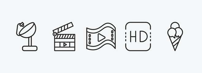 cinema outline icons set. cinema icons such as satellite tv dish, movie clapper open, big play button, hd, stripped ice cream cone vector. can be used web and mobile.