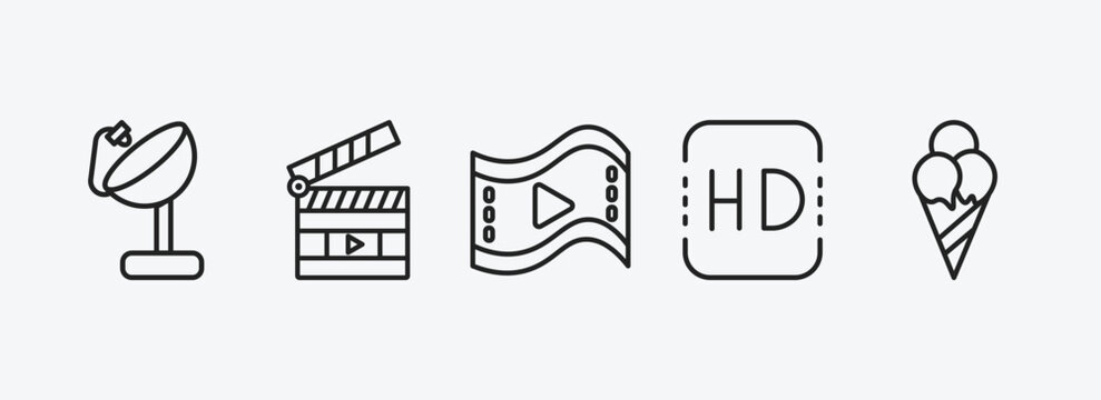 cinema outline icons set. cinema icons such as satellite tv dish, movie clapper open, big play button, hd, stripped ice cream cone vector. can be used web and mobile.
