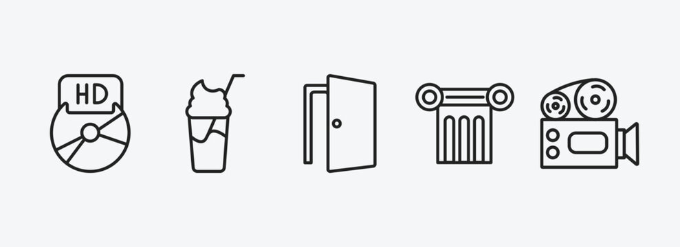 cinema outline icons set. cinema icons such as hd dvd, smoothie with straw, doorway, theatre pillar, old projector vector. can be used web and mobile.
