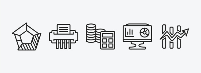 business and analytics outline icons set. business and analytics icons such as polygonal chart, shredder, spending, analytics monitor, charts vector. can be used web and mobile.
