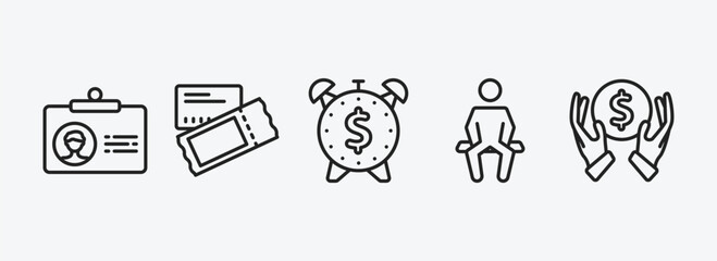 business outline icons set. business icons such as color business card, credit card and ticket, dollar on time, sitting, dollar money protection vector. can be used web and mobile.