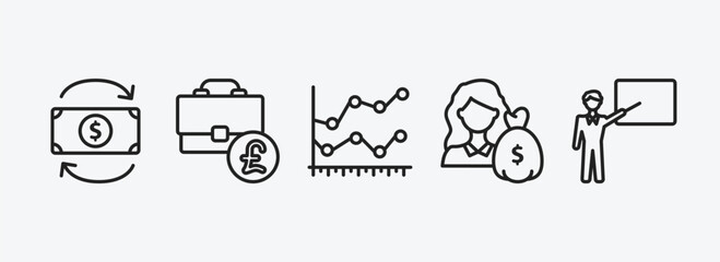 business outline icons set. business icons such as return of investment, pounds bag of business, line chart statistics, woman with dollar bill, man presentation vector. can be used web and mobile.