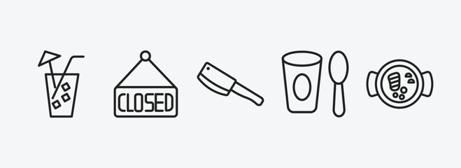 bistro and restaurant outline icons set. bistro and restaurant icons such as lemonade with straw, closed, butcher knife, yogurt with spoon, combine meal vector. can be used web and mobile.