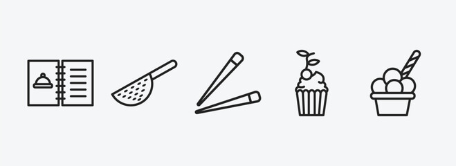 bistro and restaurant outline icons set. bistro and restaurant icons such as open menu, strainer with handle, chopsticks, cupcake with cherry, ice cream cup vector. can be used web and mobile.