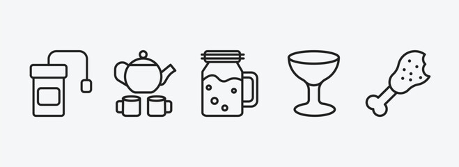 bistro and restaurant outline icons set. bistro and restaurant icons such as infusion bag, tea, drink jar, wide glass, chicken thigh vector. can be used web and mobile.