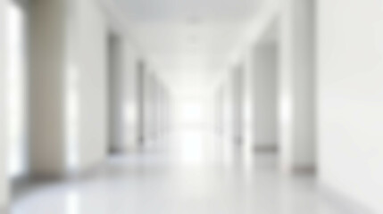 Blurred background of empty corridor in modern office building,hospital with white walls and white floor. 3D rendering.