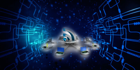 3d rendering Computer network with wifi