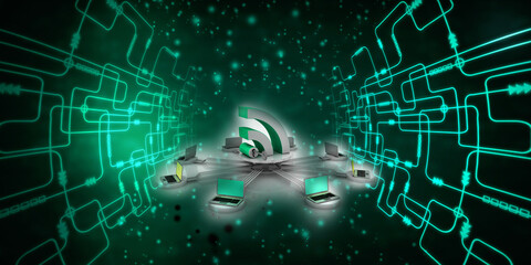 3d rendering Computer network with wifi
