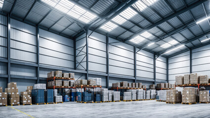 warehouse space. warehouse interior with shelves, pallets and boxes. Big distribution warehouse. Generative AI