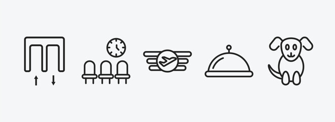 airport terminal outline icons set. airport terminal icons such as passenger passway, waiting place, air company, tray with cover, sitting dog vector. can be used web and mobile.