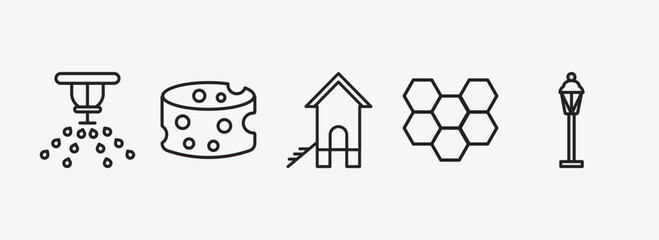 agriculture farming outline icons set. agriculture farming icons such as sprinkler, cheese, chicken coop, honeycomb, lamppost vector. can be used web and mobile. © Farahim