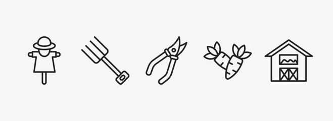 agriculture farming outline icons set. agriculture farming icons such as scarecrow, farming fork, shears, carrots, barn vector. can be used web and mobile.
