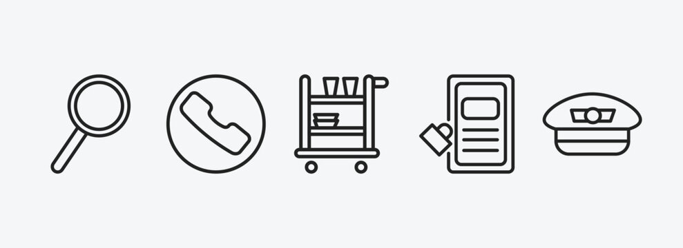 airport terminal outline icons set. airport terminal icons such as airport searchor, telephone, trolley with food, airpot cupboard, pilot hat vector. can be used web and mobile.