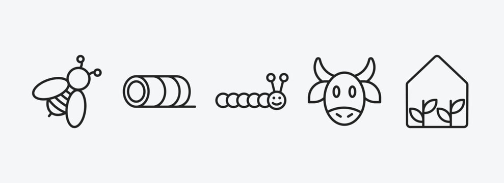agriculture farming outline icons set. agriculture farming icons such as bees, bale of hay, caterpillar, ox, greenhouse vector. can be used web and mobile.