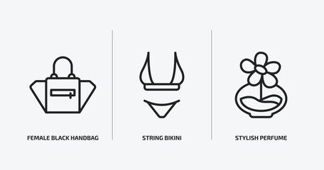 woman clothing outline icons set. woman clothing icons such as female black handbag, string bikini, stylish perfume bottle vector. can be used web and mobile.