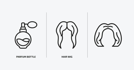 woman clothing outline icons set. woman clothing icons such as parfum bottle, hair wig, vector. can be used web and mobile.