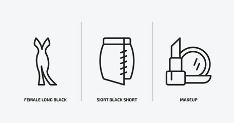 woman clothing outline icons set. woman clothing icons such as female long black dress, skirt black short, makeup vector. can be used web and mobile.