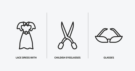 woman clothing collection. outline icons set. woman clothing collection. icons such as lace dress with belt, childish eyeglasses, glasses vector. can be used web and mobile.