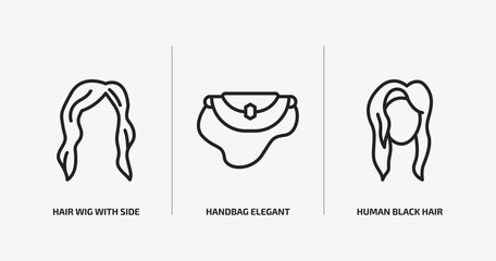 woman clothing outline icons set. woman clothing icons such as hair wig with side, handbag elegant, human black hair vector. can be used web and mobile.