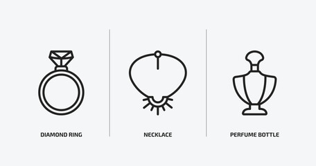 woman clothing outline icons set. woman clothing icons such as diamond ring, necklace, perfume bottle vector. can be used web and mobile.