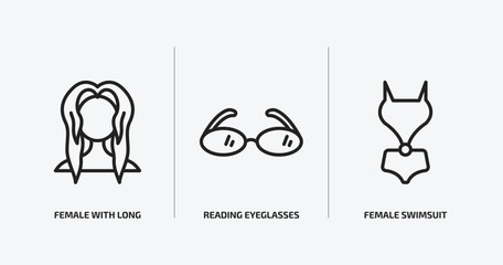 woman clothing outline icons set. woman clothing icons such as female with long hair, reading eyeglasses, female swimsuit vector. can be used web and mobile.