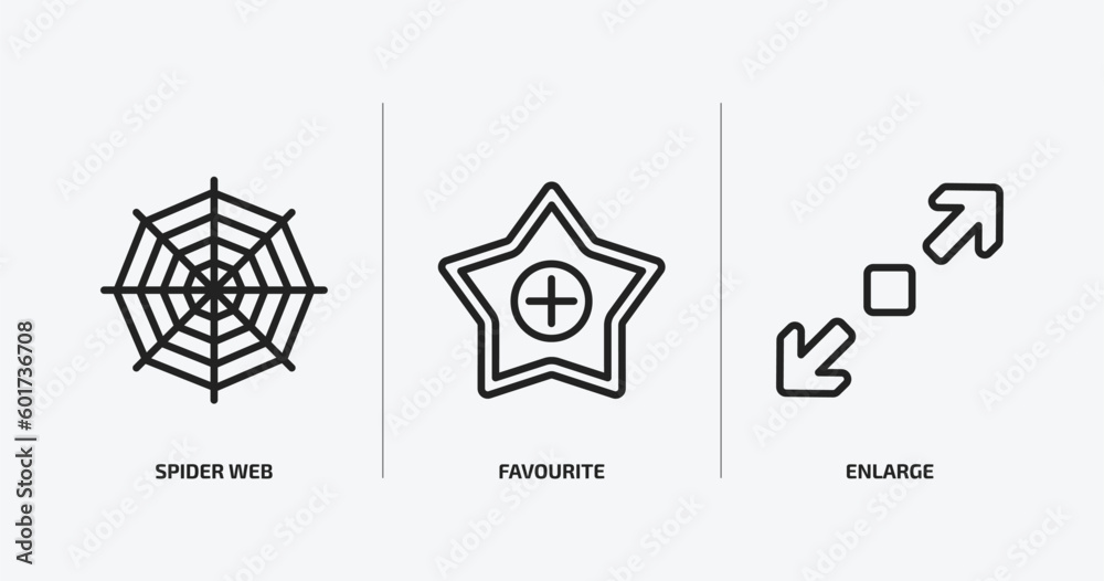 Poster user interface outline icons set. user interface icons such as spider web, favourite, enlarge vector