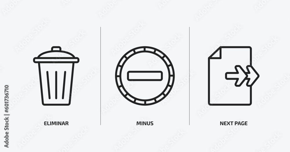 Poster user interface outline icons set. user interface icons such as eliminar, minus, next page vector. ca