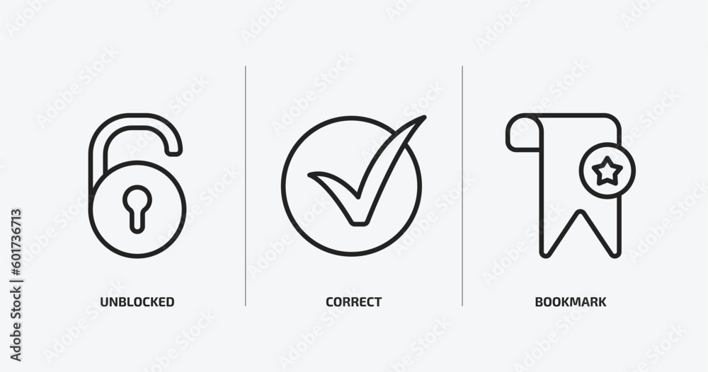 Poster user interface outline icons set. user interface icons such as unblocked, correct, bookmark vector. 