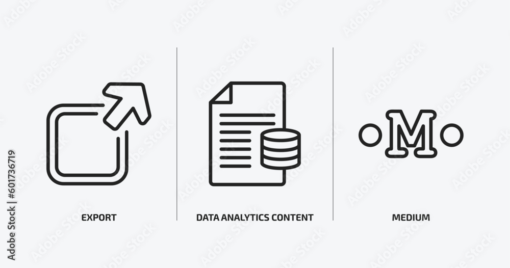 Poster user interface outline icons set. user interface icons such as export, data analytics content, mediu