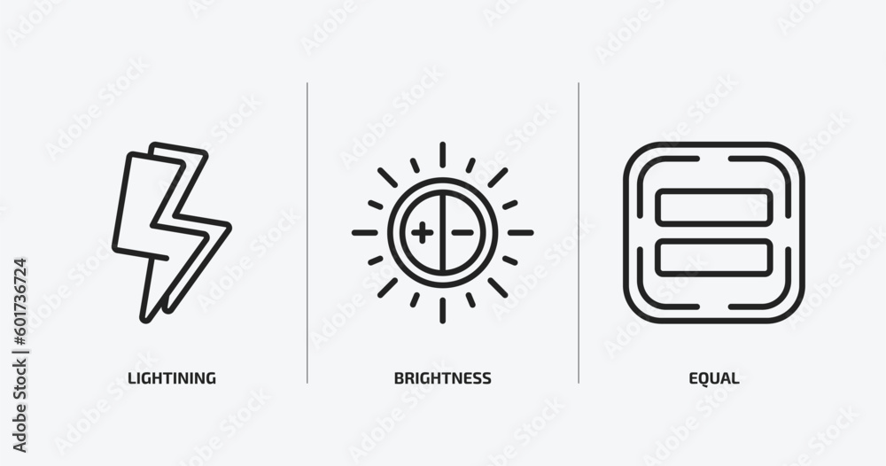 Poster user interface outline icons set. user interface icons such as lightining, brightness, equal vector.