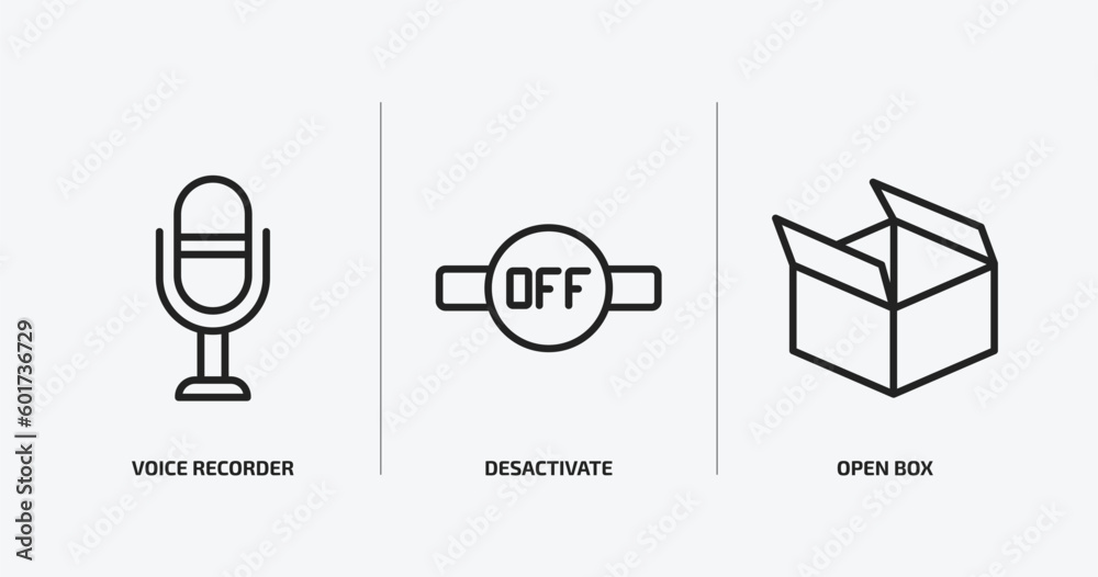 Poster user interface outline icons set. user interface icons such as voice recorder, desactivate, open box