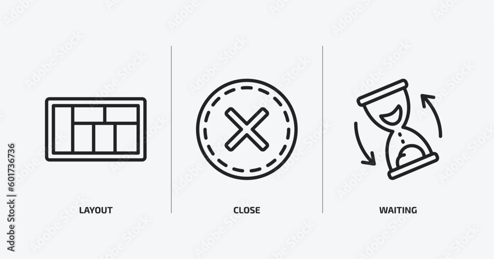 Aufkleber user interface outline icons set. user interface icons such as layout, close, waiting vector. can be