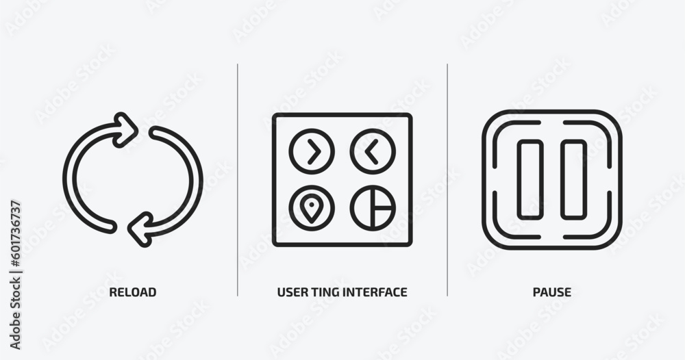 Poster user interface outline icons set. user interface icons such as reload, user ting interface, pause ve