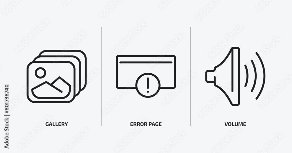 Poster user interface outline icons set. user interface icons such as gallery, error page, volume vector. c