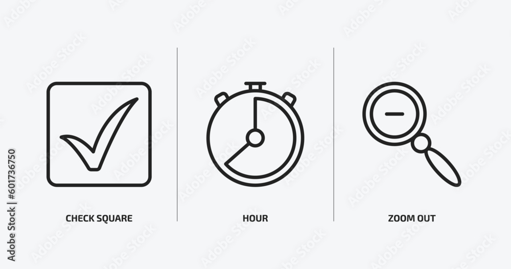 Poster user interface outline icons set. user interface icons such as check square, hour, zoom out vector. 