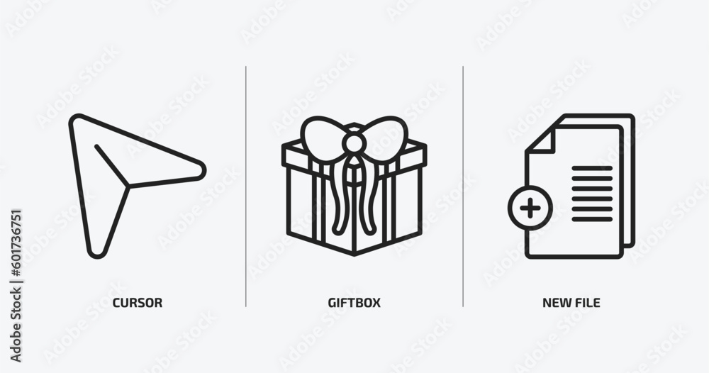 Poster user interface outline icons set. user interface icons such as cursor, giftbox, new file vector. can