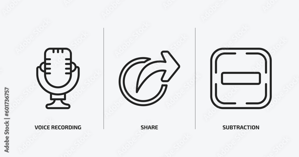 Poster user interface outline icons set. user interface icons such as voice recording, share, subtraction v