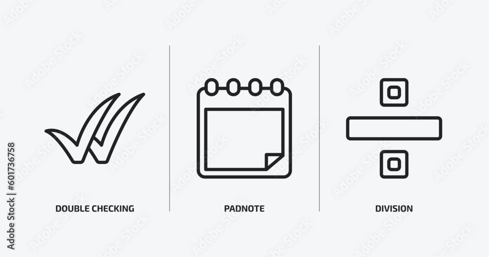 Poster user interface outline icons set. user interface icons such as double checking, padnote, division ve