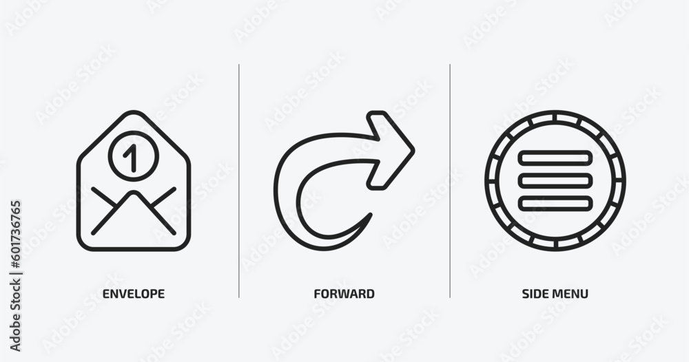 Poster user interface outline icons set. user interface icons such as envelope, forward, side menu vector. 